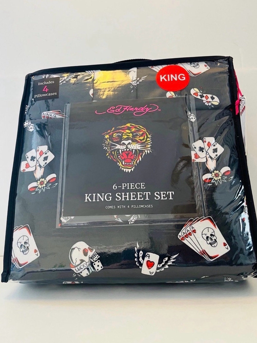 Ed Hardy Black Red 6 Piece King Size Sheet Set Lucky Skulls Dice Playing Cards